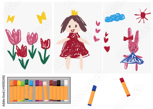 クレヨンで子供が描いたようなお姫様・うさぎ・花の絵のセット（幼稚園や絵画コンクール、ステイホームに）