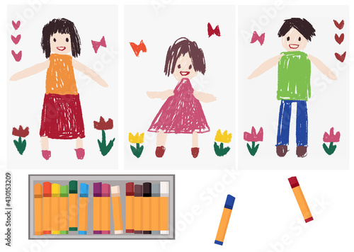 クレヨンで子供が描いたような家族の絵のセット（父・母の日や絵画コンクール、ステイホーム等に）