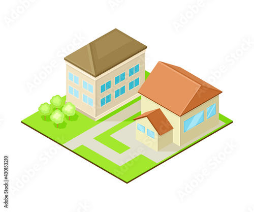 Suburban House with Greenways Isometric Cityscape Vector Illustration