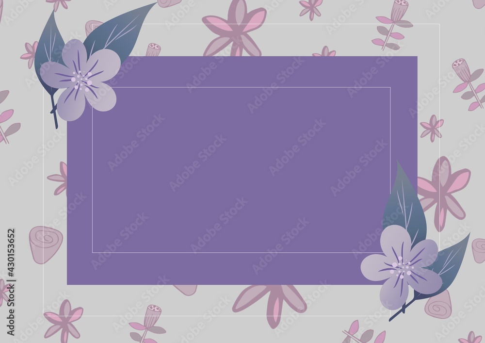 Digital generated image of floral designs with purple copy space against grey background