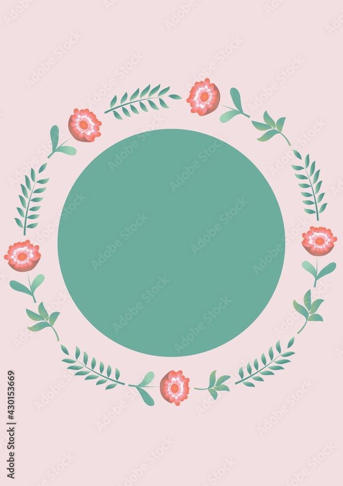 Digital generated image of floral designs around green circular shape against pink background