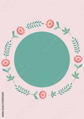 Digital generated image of floral designs around green circular shape against pink background