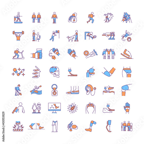 Artificial limbs RGB color icons set. Medical device. Rehabilitation. Sports-specific prosthesis. Extremity amputation. Performing natural motions. Dynamic testing. Isolated vector illustrations