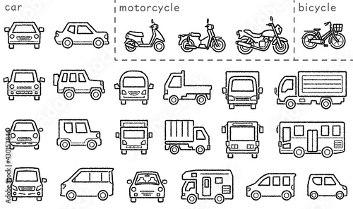 車とバイクと自転車のアイコンセット(手書き風線画)分類バージョン