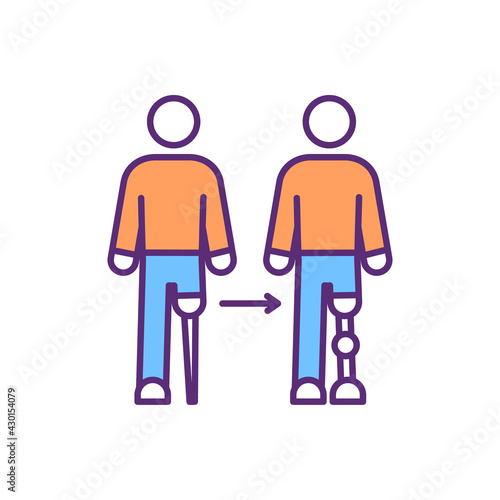 Prosthesis devices evolution RGB color icon. Above-knee prosthetic. Improvement for better mobility. Artificial legs. Functional prosthetic limbs development. Isolated vector illustration