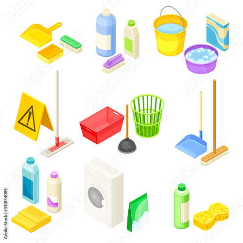 Household Cleaning Equipments with Mop, Broom and Bottles with Detergents Isometric Vector Set