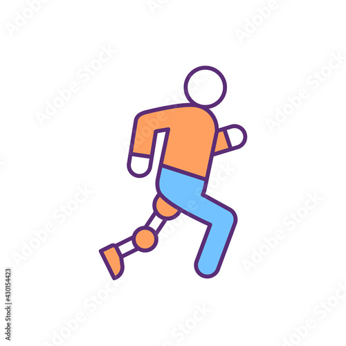 Amputee runner RGB color icon. Running prostheses. Athletic revival. Participation in recreational sports. Stability and low weight. Below, above-knee amputees. Isolated vector illustration