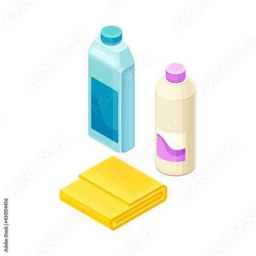 Detergent Bottles and Absorbent Cloth as Household Cleaning Equipments Isometric Vector Composition