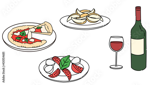 Pizza, caprese, french fries, red wine, dinner