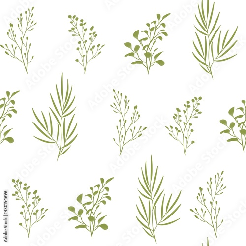Seamless isolated silhouette pattern of tree branches with leaves. Botanical illustration. Design of wallpaper, fabrics, textiles, packaging, posters, postcards, wedding design. 