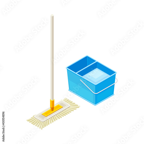 Mop and Container with Water as Household Cleaning Equipments Isometric Vector Composition