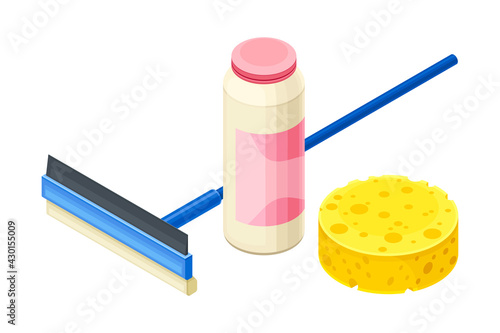 Mop with Detergent in Bottle and Sponge as Household Cleaning Equipments Isometric Vector Composition