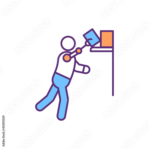 Upper extremity prosthetic rehabilitation RGB color icon. Practice with artificial limb. Stretching exercises. Prosthetic arm, shoulder and elbow control and operating. Isolated vector illustration