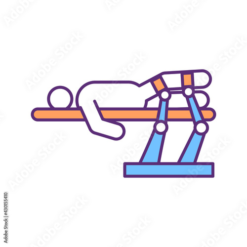 Lower limb prosthetic rehabilitation RGB color icon. Exercise therapy. Amputee rehab management. Practicing with artificial limb. Stretching exercises. Physical training. Isolated vector illustration