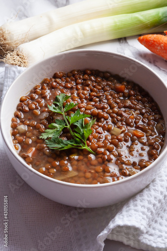 bowl of lentils with carrot and leek