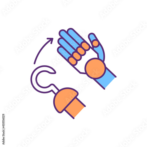 Innovative prosthetic hand RGB color icon. Fully articulated fingers. Natural-looking prosthesis. Artificial device. Cosmetic replica. Individual finger movement. Isolated vector illustration