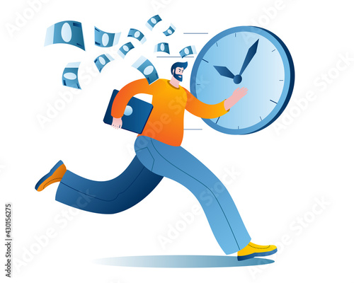 A man with a laptop is running fast. Vector illustration in a flat style on the theme of time management and working time planning. 