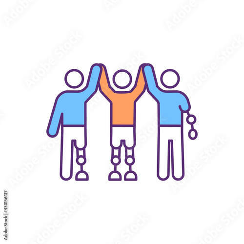 Prosthetic support group RGB color icon. Enhancing life quality and recovery process for amputees. Providing supportive environment for people with artificial limb. Isolated vector illustration
