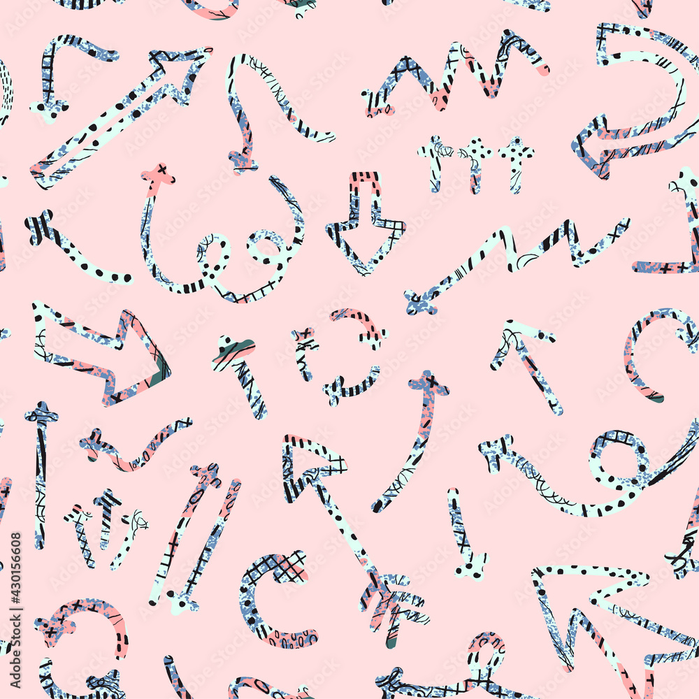 Obraz premium Seamless pattern with colorful abstract illustrations of hand drawn arrows and direction pointers on white