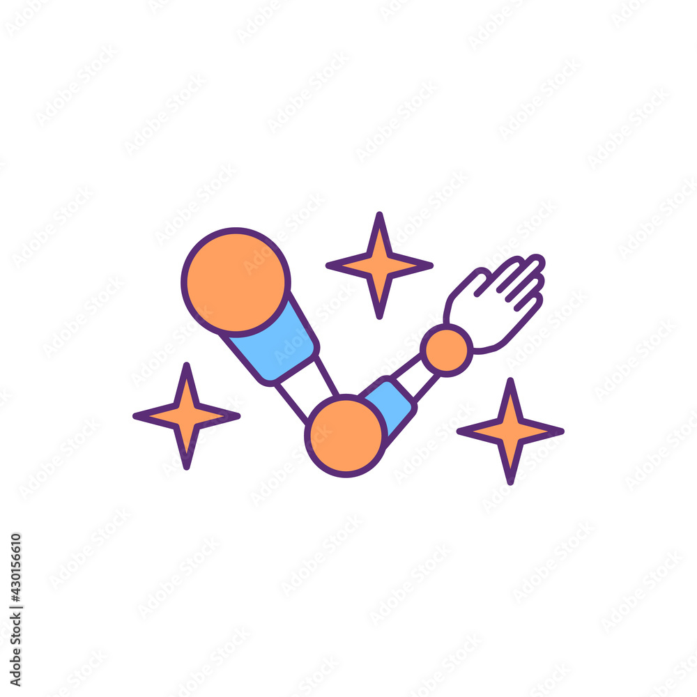 Myoelectric prosthetic hand RGB color icon. Mechanical device. Upper-limb amputee. Maintenance and adjustment. Enhancing functionality. Body-powered prosthetic limb. Isolated vector illustration Myoelectric prosthetic hand RGB color icon. Mechanical device. Upper-limb amputee. Maintenance and adjustment. Enhancing functionality. Body-powered prosthetic limb. Isolated vector illustration