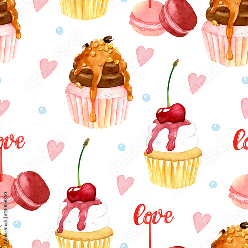 Cupcake macaron watercolor seamless pattern