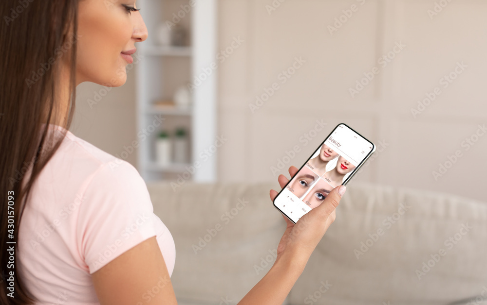 Augmented Reality Beauty App. Woman Trying Different Makeup Online Augmented Reality Beauty App. Woman Trying Different Makeup Online