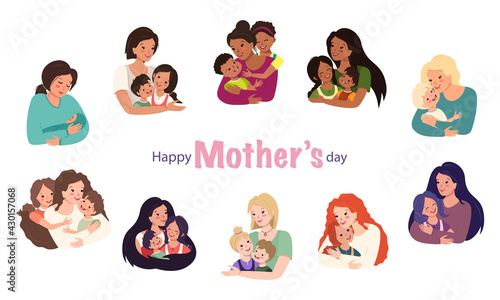 Family avatars set. Mom hugs the children. Happy mater day. Smiling faces of caring and loving people. Cheerful people of different nationalities. Parent with boy, girl and baby