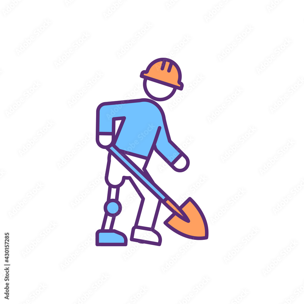 Work resumption with lower limb prosthesis RGB color icon. Vocational rehabilitation. Employment status. Working conditions. Musculoskeletal impairment. Job reintegration. Isolated vector illustration