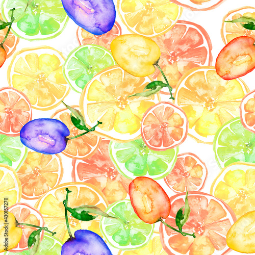 Fototapeta Naklejka Na Ścianę i Meble -  seamless pattern with watercolors - from tropical fruit, citrus spray, lemon, orange, lime, grapefruit paint splash. plum, cherry plum. Bright fashionable background. Citrus Tropical Fruit Watercolor