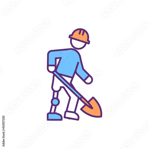 Work resumption with lower limb prosthesis RGB color icon. Vocational rehabilitation. Employment status. Working conditions. Musculoskeletal impairment. Job reintegration. Isolated vector illustration