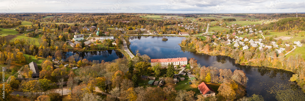 Aerial view of Edole village in sunny autumn day, Latvia. 