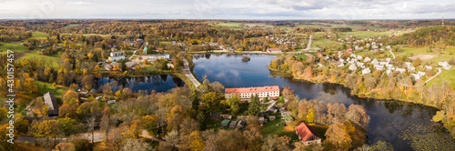 Aerial view of Edole village in sunny autumn day, Latvia. 