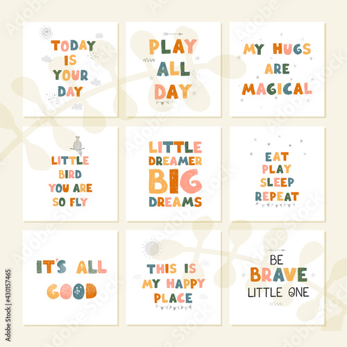 Vector set with fun hand drawn nursery posters with lettering