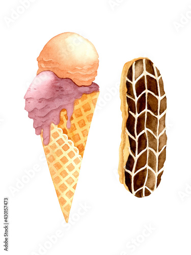 Ice cream and chocolate eclair watercolor elements isolated