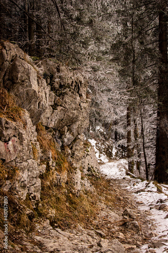 Steiler Wanderweg an einem Berghang im Winter