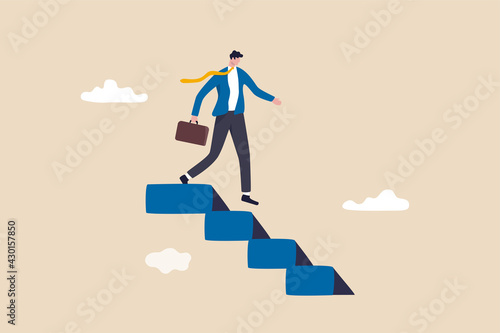 Step down from CEO of company, retire from work or career concept, success businessman stepping down the stair after achieve all goals in his life.