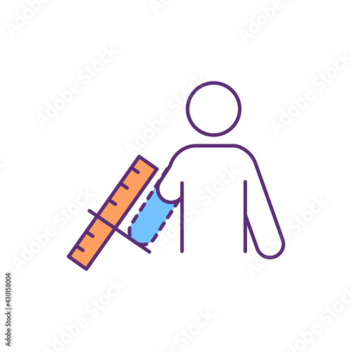 Residual limb length measurement RGB color icon. Upper limb prosthetics. Recreating amputated arm shape and size. Design process. Upper extremity measuring. Isolated vector illustration
