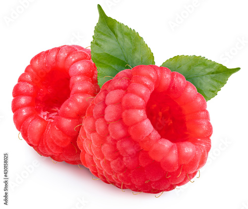 Red Raspberry with leaves isolated on white background, Fresh Raspberries on White Background (With clipping path)