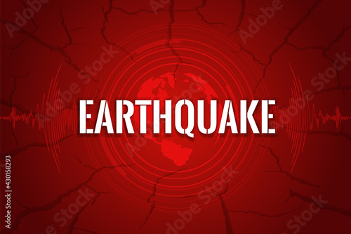 Photo earthquake concept with text and curve wave, Circle Vibration on red Earth Crack