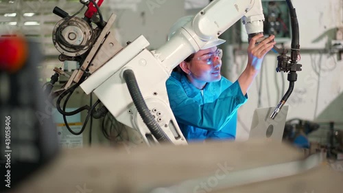 Professional woman check the robotic arm machine in the factory using laptop. Worker wearing safety helmet, glasses and uniform. Preventive maintenance to prevent breakdown. Service and repair concept