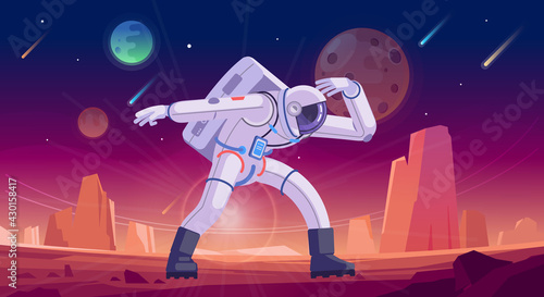 Astronaut exploring outer space. Cosmonaut in a space suit performing an extravehicular activity or spacewalk against stars and planets. Human spaceflight. Modern colorful vector illustration