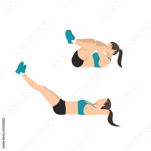 Young woman doing exercise - frogs legs lying on back extending legs out with heels together and bringing knees in outwards