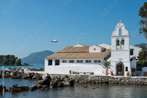 Monastery Vlacherna on Pontikonisi , Mouse island. Corfu, Greece 