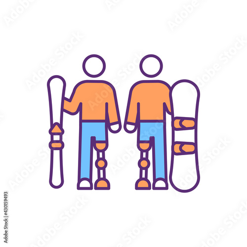 Snowboarding with prosthetic leg RGB color icon. Functional ability. Skiing on prosthetic limbs. Below knee amputees with active lifestyle. Special sports prosthesis. Isolated vector illustration