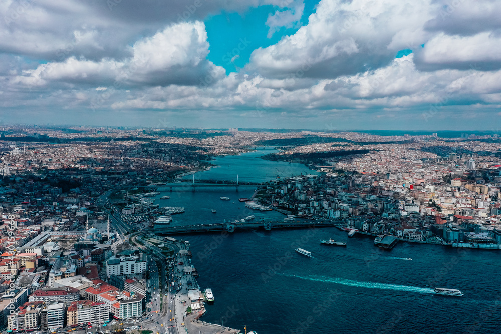 Turkey, Istanbul, Bosporus. Summer, day, touristic place. Drone view