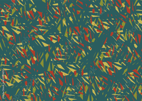 Vector yellow, green and red triangles on a gray background. Vector background with lino print colored triangles.