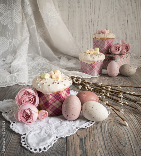 Pastel rose still life with easter cake