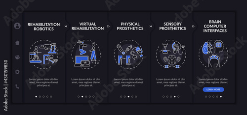 Assistive devices onboarding vector template. Responsive mobile website with icons. Web page walkthrough 5 step screens. Physical, sensory prosthetics night mode concept with linear illustrations