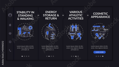 Lower-limb implant test onboarding vector template. Responsive mobile website with icons. Web page walkthrough 4 step screens. Various athletic activities night mode concept with linear illustrations