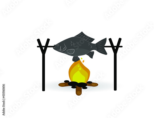 Fish and fire. Vector icon. Tourism, food.